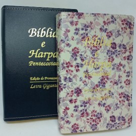 Cpia de Kit 2 Biblias Sagrada Casal Letra Grande C. Harpa- Luxo Floral  Roxa + Preta